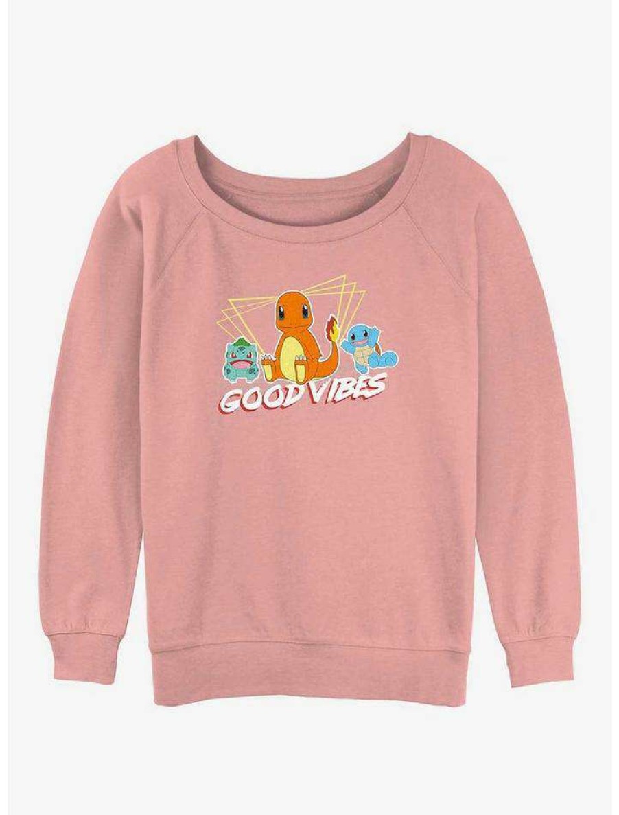 Girls * | Best Deal Pokemon Good Vibes With Charmander, Bulbasaur & Squirtle Girls Slouchy Sweatshirt Desertpnk