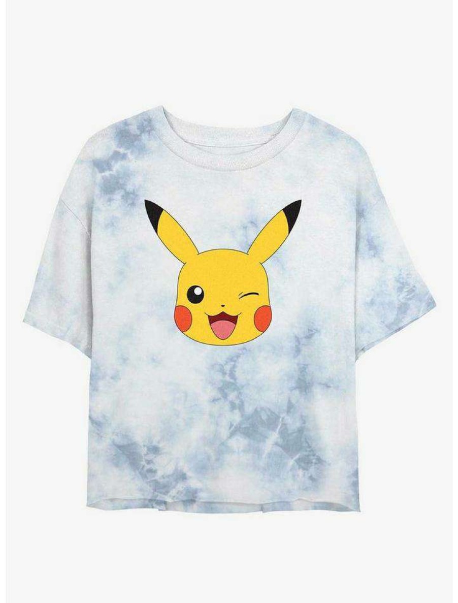 Tees * | Hot Sale Pokemon Pikachu Face Tie-Dye Girls Crop T-Shirt Whiteblue