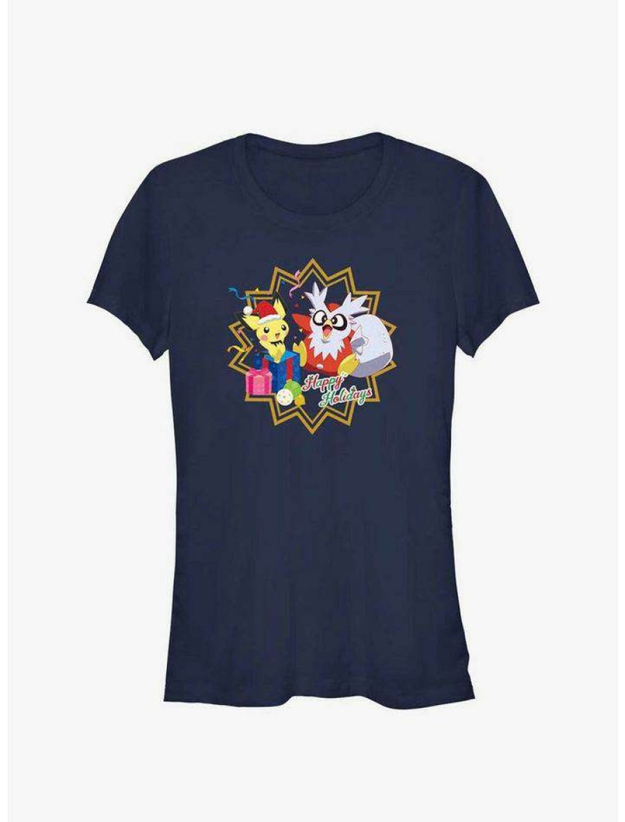 Tees * | Cheapest Pokemon Pichu And Delibird Holiday Party Girls T-Shirt Navy