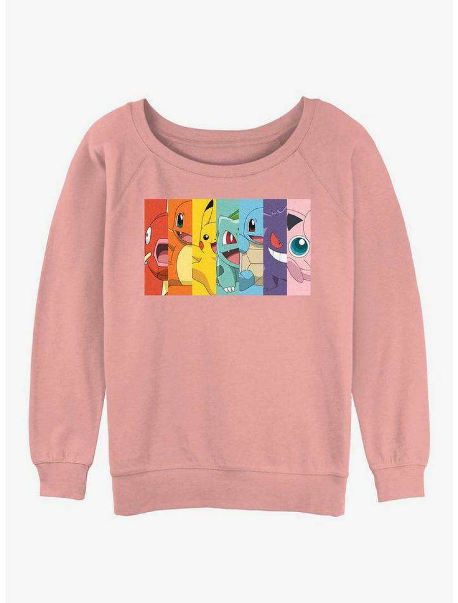 Girls * | Best Deal Pokemon Rainbow Faces Girls Slouchy Sweatshirt Desertpnk