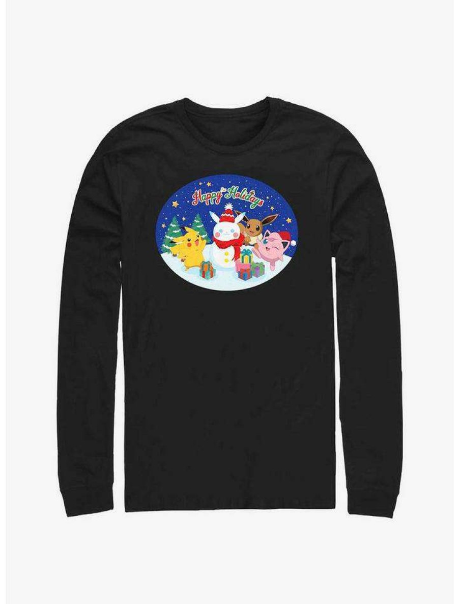 Guys * | Coupon Pokemon Happy Holidays Snowman Long-Sleeve T-Shirt Black