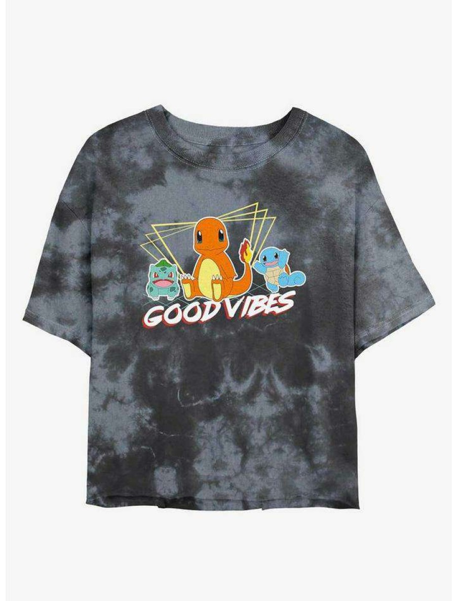 Tees * | Top 10 Pokemon Good Vibes Starters Tie-Dye Girls Crop T-Shirt Blkchar