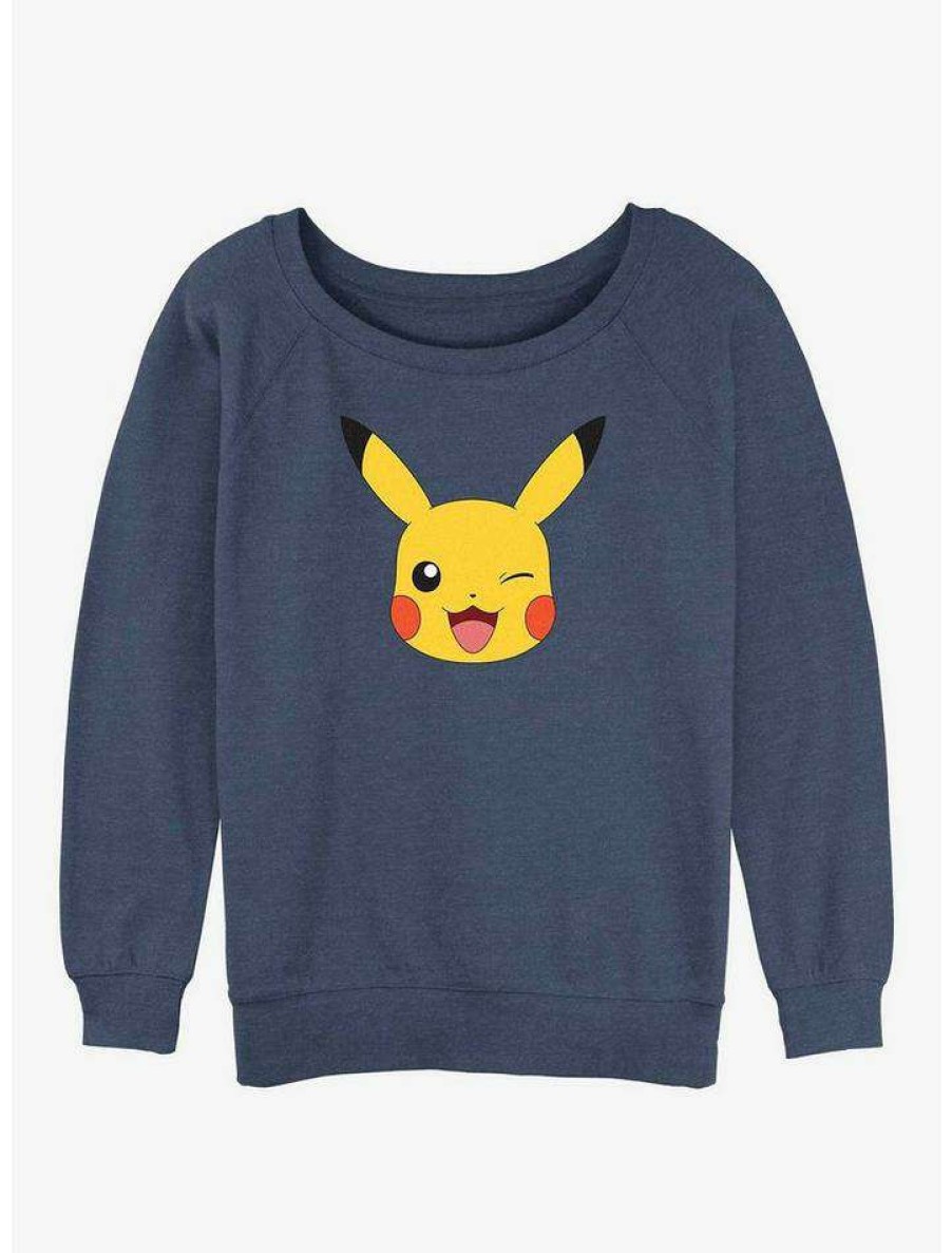 Girls * | Best Pirce Pokemon Pikachu Face Girls Slouchy Sweatshirt Bluehtr