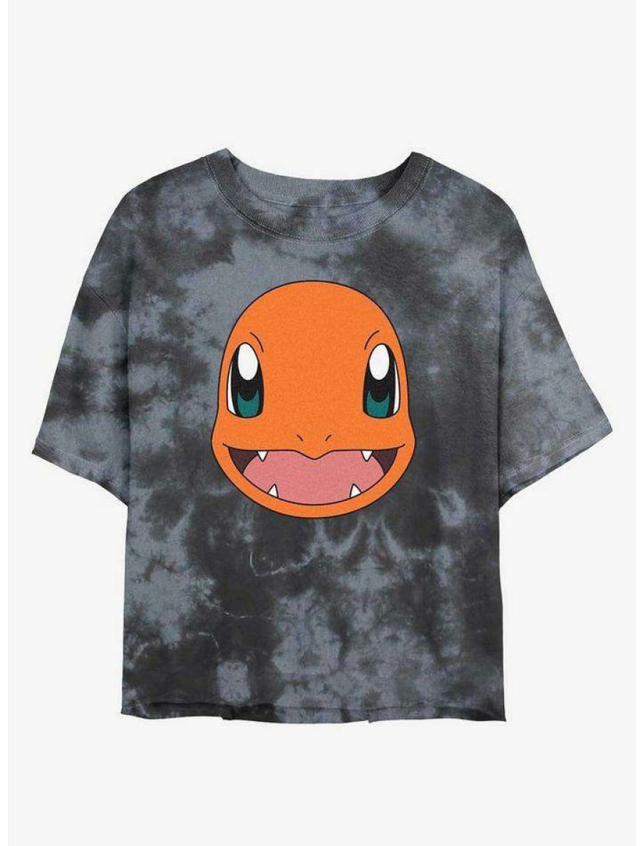 Tees * | Discount Pokemon Charmander Face Tie-Dye Girls Crop T-Shirt Blkchar