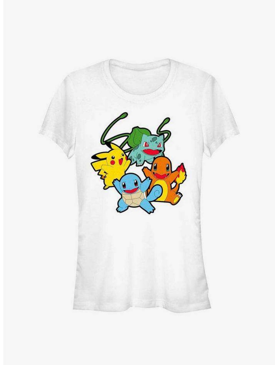 Tees * | Cheapest Pokemon Classic Group Bulbasaur, Pikachu, Charmander, And Squirtle Girls T-Shirt White