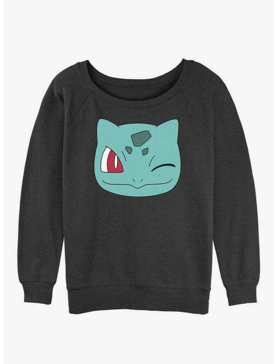 Girls * | Best Deal Pokemon Bulbasaur Face Girls Slouchy Sweatshirt Char Htr