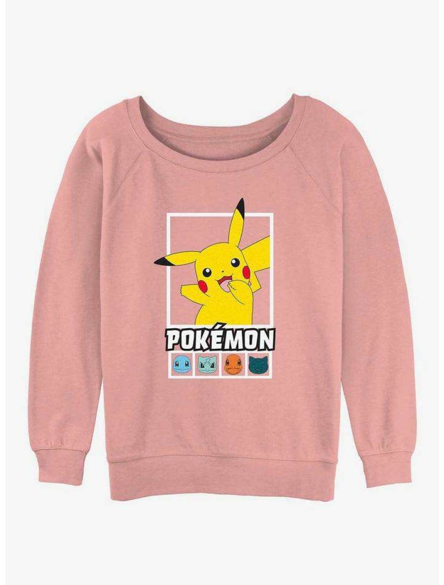 Girls * | Cheap Pokemon Battle Lineup Pikachu, Squirtle, Bulbasaur, Charmander, & Snorlax Girls Slouchy Sweatshirt Desertpnk