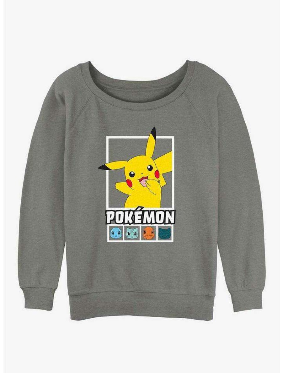 Girls * | New Pokemon Battle Lineup Pikachu, Squirtle, Bulbasaur, Charmander, & Snorlax Girls Slouchy Sweatshirt Gray Htr