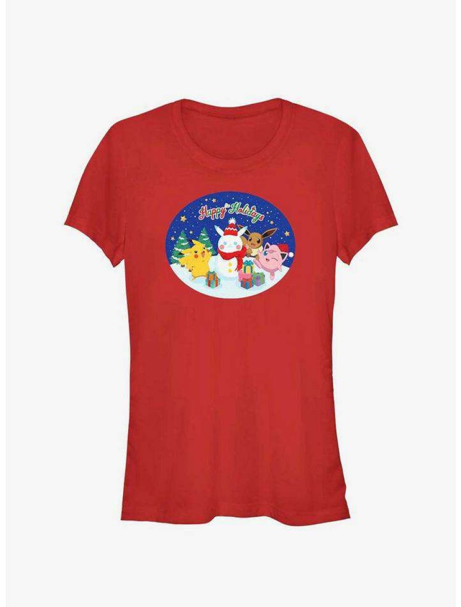 Tees * | Budget Pokemon Happy Holidays Snowman Girls T-Shirt Red