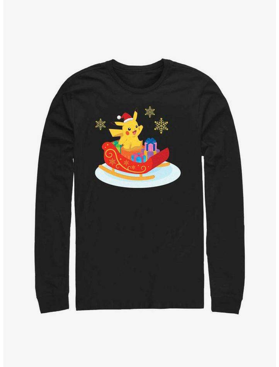 Guys * | Best Pirce Pokemon Pikachu Sleigh Ride Long-Sleeve T-Shirt Black