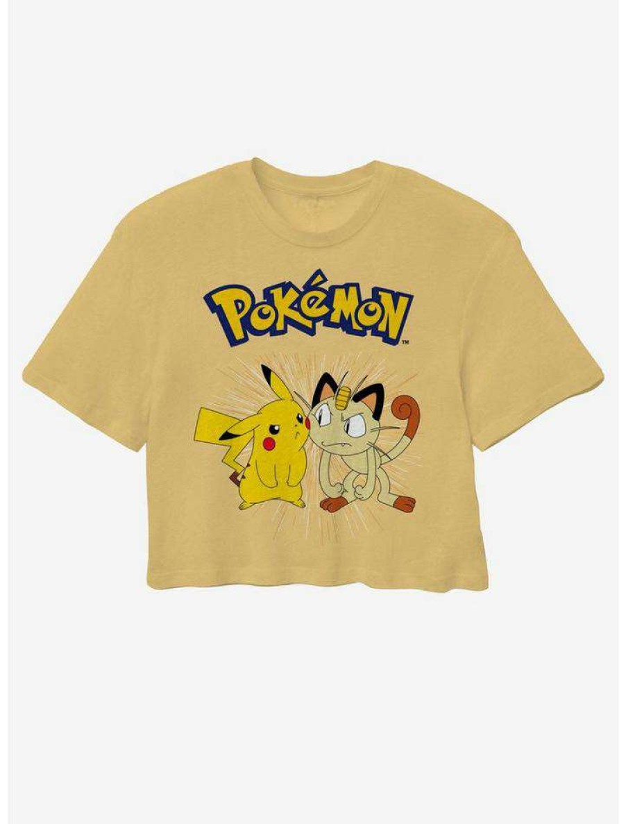 Tees * | Wholesale Pokemon Pikachu & Meowth Girls Crop T-Shirt Multi