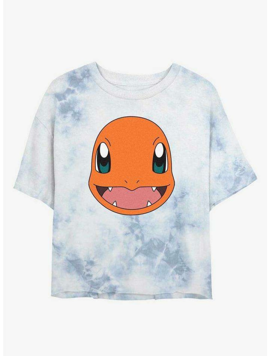 Tees * | Top 10 Pokemon Charmander Face Tie-Dye Girls Crop T-Shirt Whiteblue