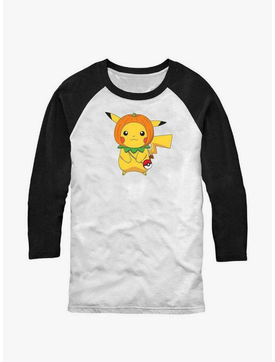 Tees * | Best Deal Pokemon Pumpkin Hat Pikachu Raglan T-Shirt Whtblk