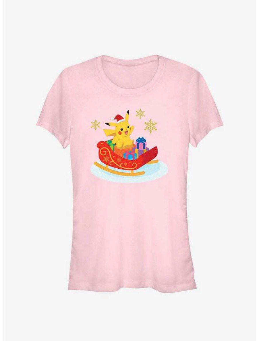 Tees * | Best Deal Pokemon Pikachu Sleigh Ride Girls T-Shirt Light Pink