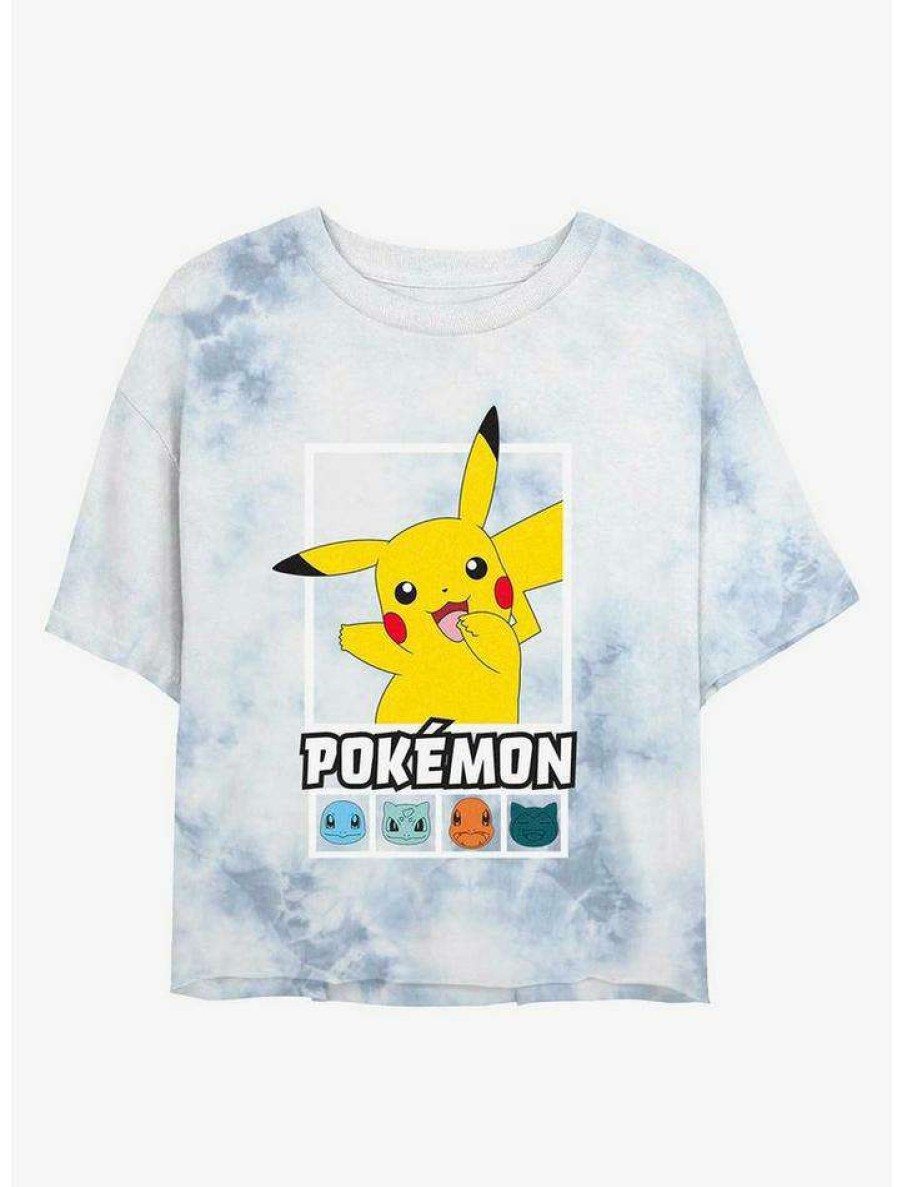 Tees * | Buy Pokemon Battle Lineup Pikachu, Squirtle, Bulbasaur, Charmander, & Snorlax Tie-Dye Girls Crop T-Shirt Whiteblue