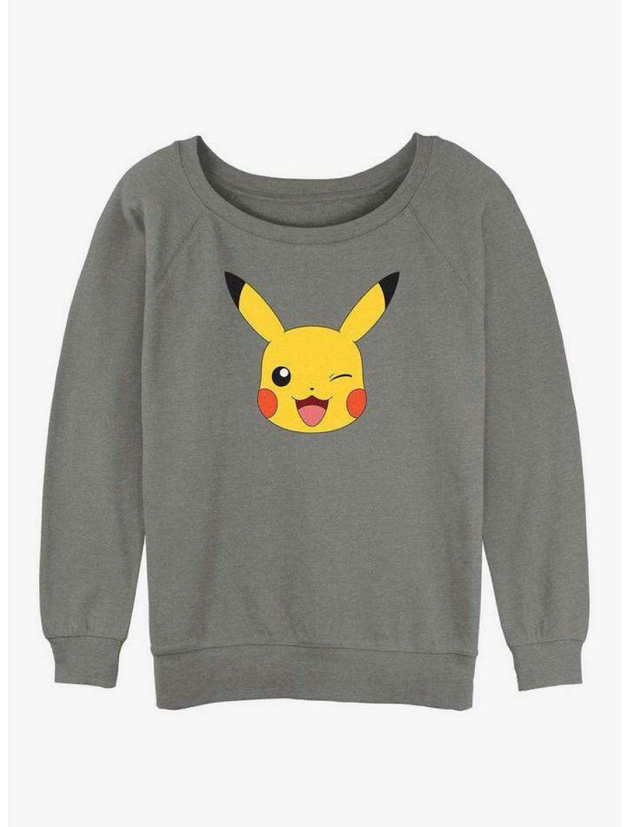 Girls * | New Pokemon Pikachu Face Girls Slouchy Sweatshirt Gray Htr