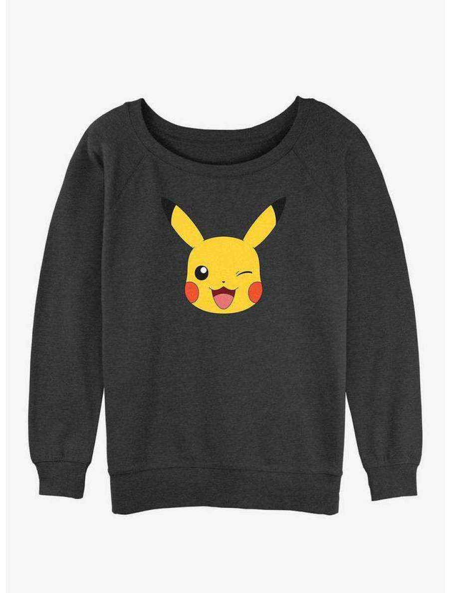 Girls * | Best Pirce Pokemon Pikachu Face Girls Slouchy Sweatshirt Char Htr