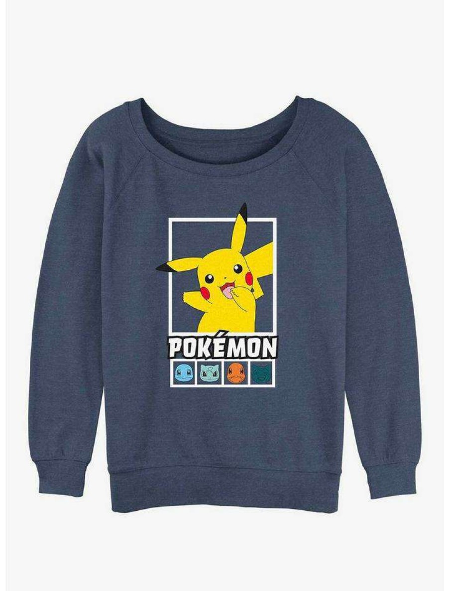 Girls * | Promo Pokemon Battle Lineup Pikachu, Squirtle, Bulbasaur, Charmander, & Snorlax Girls Slouchy Sweatshirt Bluehtr