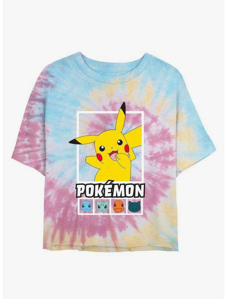 Tees * | Budget Pokemon Battle Lineup Pikachu, Squirtle, Bulbasaur, Charmander, & Snorlax Tie-Dye Girls Crop T-Shirt Blupnkly