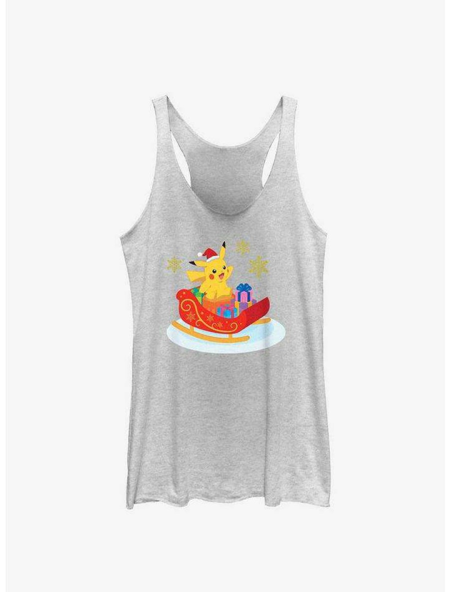 Girls * | Wholesale Pokemon Pikachu Sleigh Ride Girls Tank White Htr