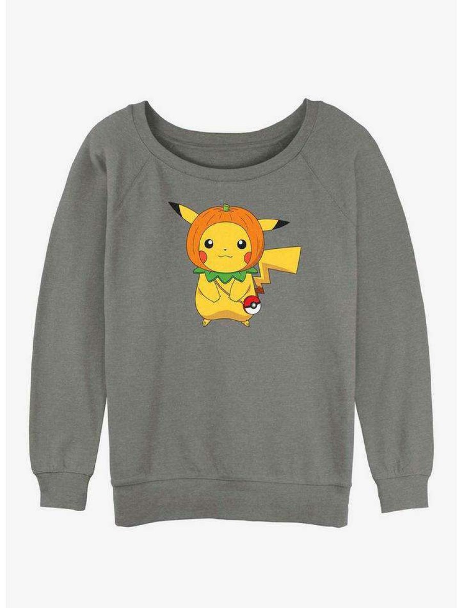 Girls * | New Pokemon Pumpkin Hat Pikachu Girls Slouchy Sweatshirt Gray Htr